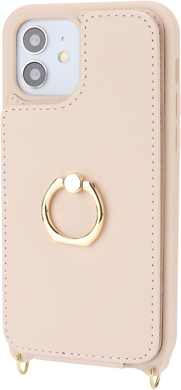 Lipvina for iPhone 12/12 Pro Case with Card Holder for Women,Crossbody Strap Lanyard,Credit Card Holder,Ring Stand,Snap Clasp,Wallet Case 6.1 inch (Beige)