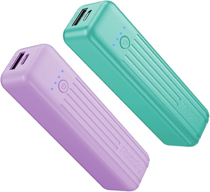 Miady 2-Pack Small Portable Charger 5000mAh Power Bank Travel Battery Pack | Dual USB丨Pocket Size丨Lightweight丨for Backpack丨Compatible with iPhone Android丨18.5Wh丨Flight-Safe丨Ultra-Compact丨Green+Purple