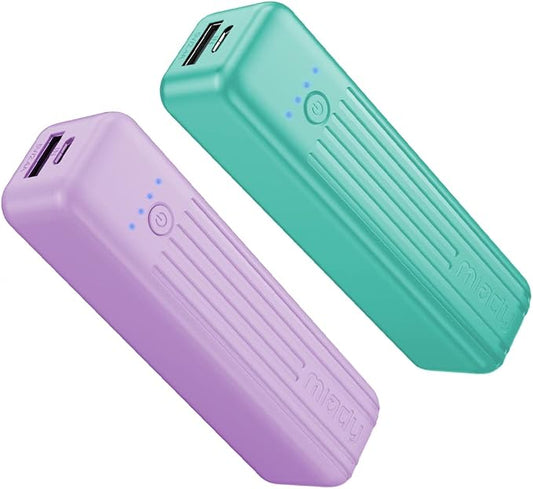 Miady 2-Pack Small Portable Charger 5000mAh Power Bank Travel Battery Pack | Dual USB丨Pocket Size丨Lightweight丨for Backpack丨Compatible with iPhone Android丨18.5Wh丨Flight-Safe丨Ultra-Compact丨Green+Purple