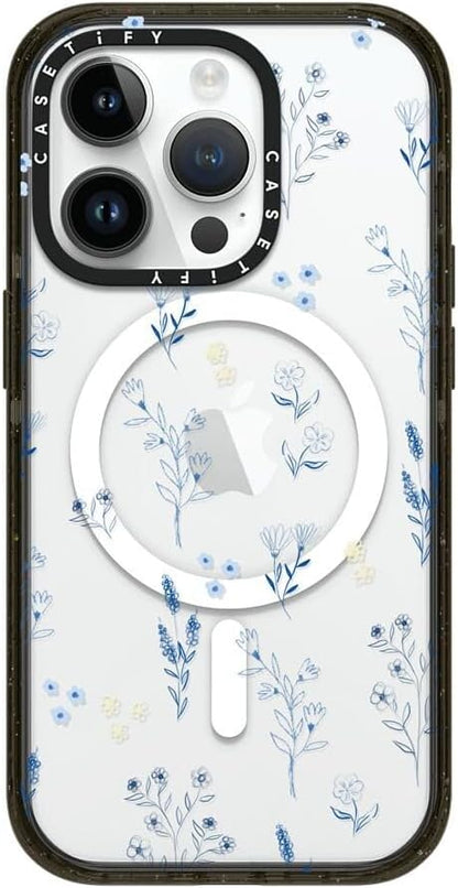 CASETiFY Impact iPhone 14 Pro Case [4X Military Grade Drop Tested / 8.2ft Drop Protection/Compatible with Magsafe] - Small Blue Flowers - Clear Black