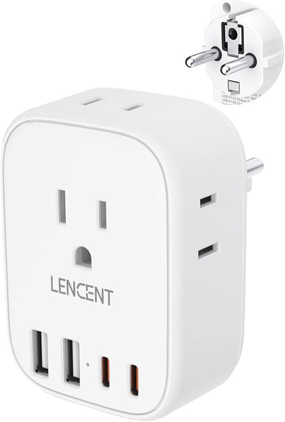 LENCENT Germany France Travel Power Adapter, Schuko Type E F Power Plug | Adaptor with USB Ports(2 Type C), 4 Outlet Converter, US to EU Spain France German Greece Norway Iceland South Korea Portugal