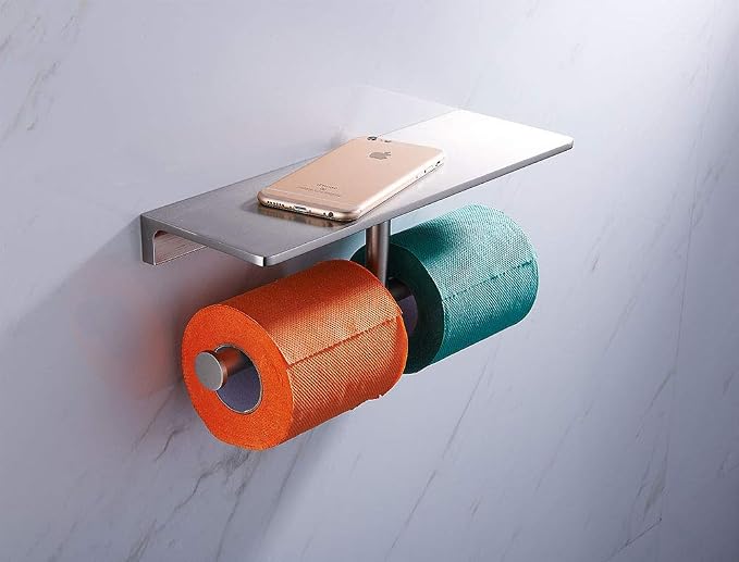Toilet Paper Holder,Brushed Nickel Double Toilet Paper Roll Holder with Storage Shelf,Wall Mount Brass Toliet Tissue Dispenser for Home and Hotel Bathrooms