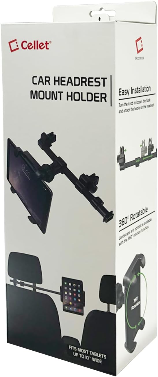 Cellet Car Headrest Phone Holder & Tablet Mount for Back Seat Adjustable 10" Cradle Compatible for iPad Pro Air Mini iPhone 13 Pro Max Mini 12 SE Galaxy S21 S20 Note 20 Tabs Kindle Fire HD - Black