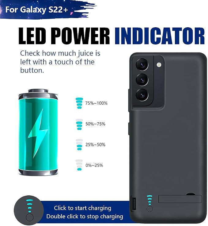 Battery Case for Samsung Galaxy S22+, 5000mAh Rechargeable Extended Battery Charging Charger Case, Add 100% Extra Juice (6.6 Inches) Black