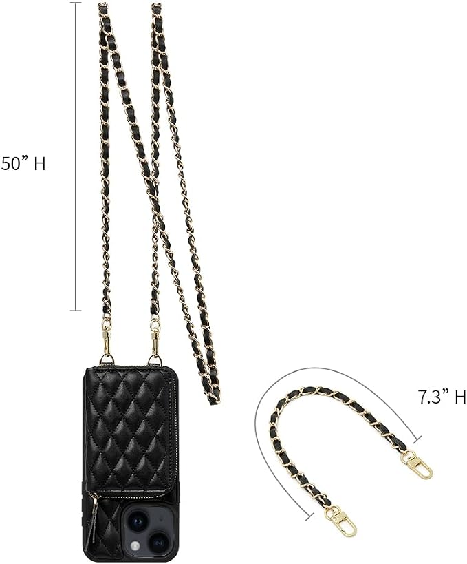 LAMEEKU for iPhone 15 Wallet Case, Crossbody RFID Blocking Card Holder Case, Quilted Leather Zipper Pouch, Wrist Strap Lanyard Chain Handbag Purse Cover Gift for Women for Apple iPhone 15 6.1" Black