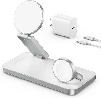 VBA 3 in 1 Wireless Charging Station for Apple MagSafe Charger,Foldable Fast Charging Magnetic Wireless Charger Stand,Travel Charger for iPhone 17 Air 16 15 14 13 12,Apple Watch,AirPods Pro(White)