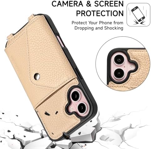 LUCKYCOIN for iPhone 16 Crossbody Wallet Case – Genuine Leather Phone Purse with Adjustable Strap and Card Holder,Lanyard Phone Purse Case for Women,Pebble Grain Beige