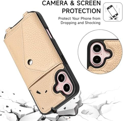 LUCKYCOIN for iPhone 16 Crossbody Wallet Case – Genuine Leather Phone Purse with Adjustable Strap and Card Holder,Lanyard Phone Purse Case for Women,Pebble Grain Beige
