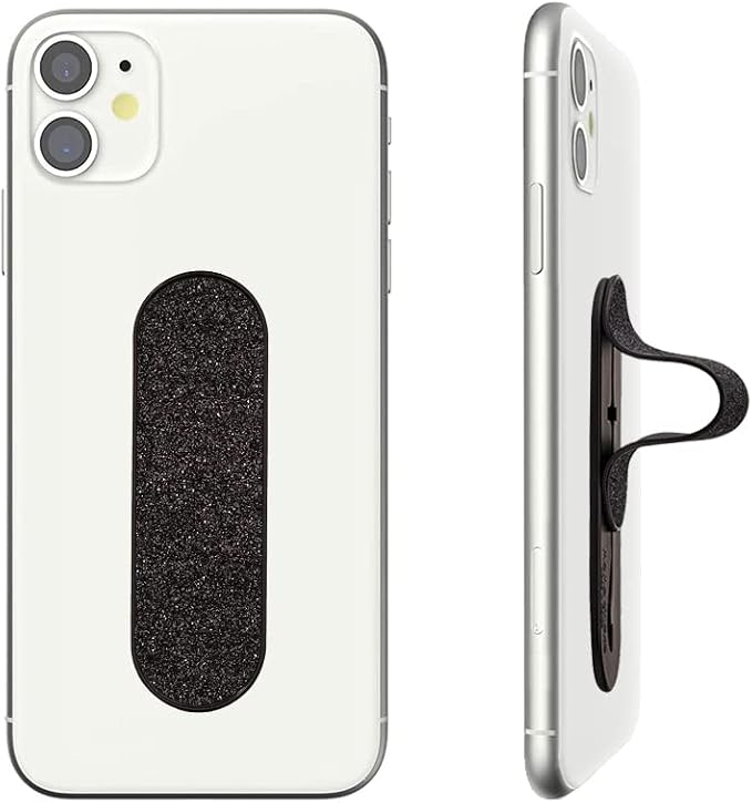 Momostick Flatstick, Cell Phone Finger Grip Strap Holder for Hand, Cell Phone Stand, New Slim Finger Loop Selfie Grip Compatible with Most Smartphones - Glitter Black