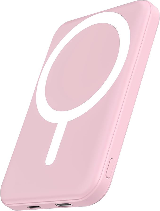 podoru for Magsafe Battery Pack, 5000mAh Magnetic Power Bank with Type-C Cable 20W PD Fast Charging Lighting Input Wireless Portable Charger for iPhone 17/16/15/14/13/12/ All Series-Pink