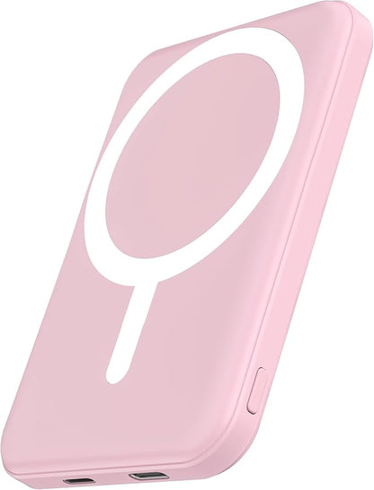 podoru for Magsafe Battery Pack, 5000mAh Magnetic Power Bank with Type-C Cable 20W PD Fast Charging Lighting Input Wireless Portable Charger for iPhone 17/16/15/14/13/12/ All Series-Pink