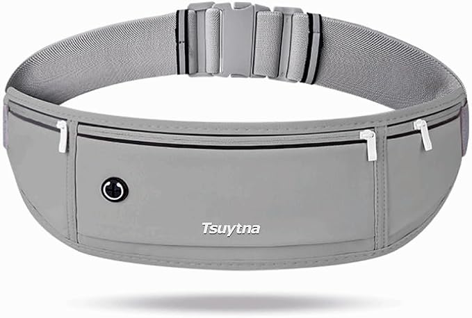 Running Belt for Women & Men - Slim Phone running belt with Water-Resistant Phone Holder, 3 pockets Adjustable Waist Strap, Reflective Safety Design for Running, Hiking, Travel，Fitness (Grey)