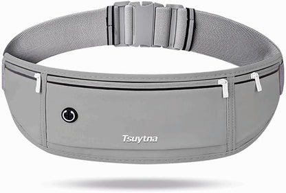 Running Belt for Women & Men - Slim Phone running belt with Water-Resistant Phone Holder, 3 pockets Adjustable Waist Strap, Reflective Safety Design for Running, Hiking, Travel，Fitness (Grey)
