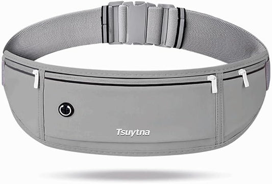 Running Belt for Women & Men - Slim Phone running belt with Water-Resistant Phone Holder, 3 pockets Adjustable Waist Strap, Reflective Safety Design for Running, Hiking, Travel，Fitness (Grey)