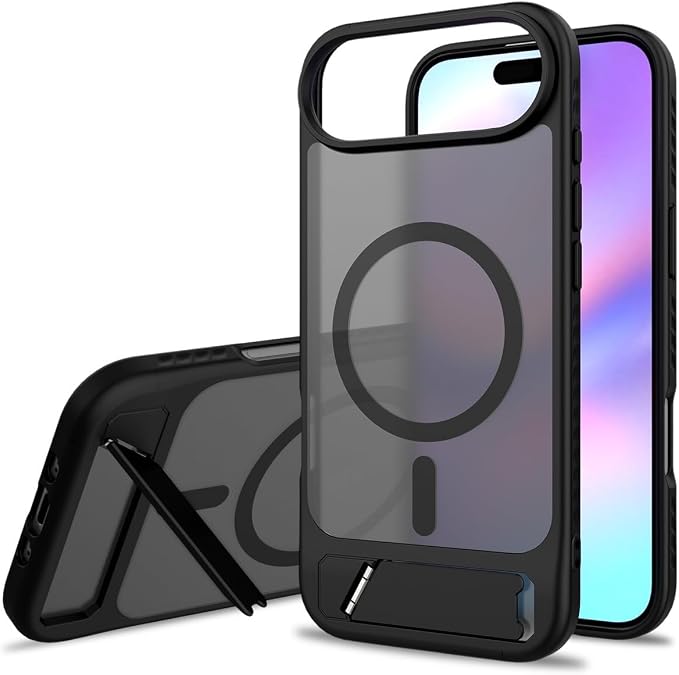Magnetic Car Charging Phone Case for iPhone 17/16 Pro Max, 45° Built-in Kickstand, Military-Grade Shockproof Protective Cover (Black, iPhone 17 Pro Max)