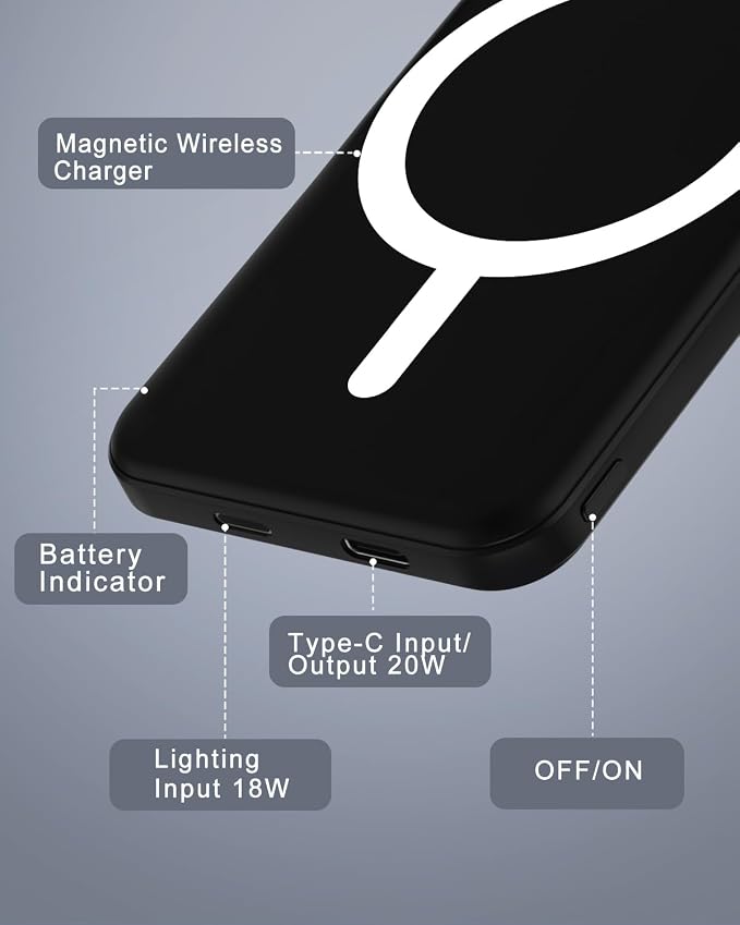 podoru for Magsafe Battery Pack, 5000mAh Magnetic Power Bank with Type-C Cable 20W PD Fast Charging Lighting Input Wireless Portable Charger for iPhone 17/16/15/14/13/12/ All Series-Deep Matte Black