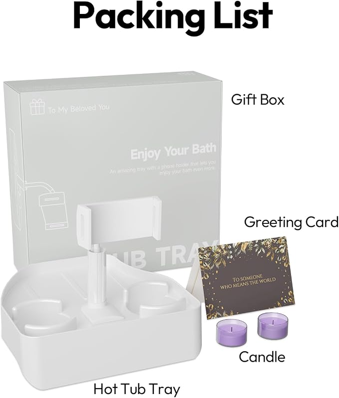 POOLCOMFT Hot Tub Table Tray with Adjustable Phone Holder, 2 Cup Holders, Hot Tub Accessories, Perfect for Outdoor Inflatable Hot Tub & Pool, Unique Gifts for Women, Mom(Scented Candle & Card)