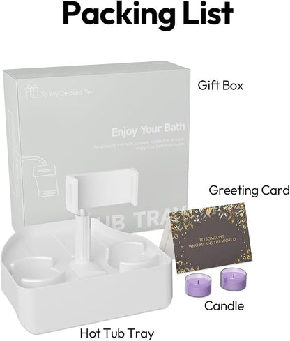 POOLCOMFT Hot Tub Table Tray with Adjustable Phone Holder, 2 Cup Holders, Hot Tub Accessories, Perfect for Outdoor Inflatable Hot Tub & Pool, Unique Gifts for Women, Mom(Scented Candle & Card)