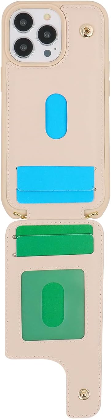Lipvina for iPhone 13 Pro Case with Card Holder for Women,Crossbody Strap Lanyard,Credit Card Holder,Ring Stand,Snap Clasp,Wallet Case 6.1 inch (Beige)