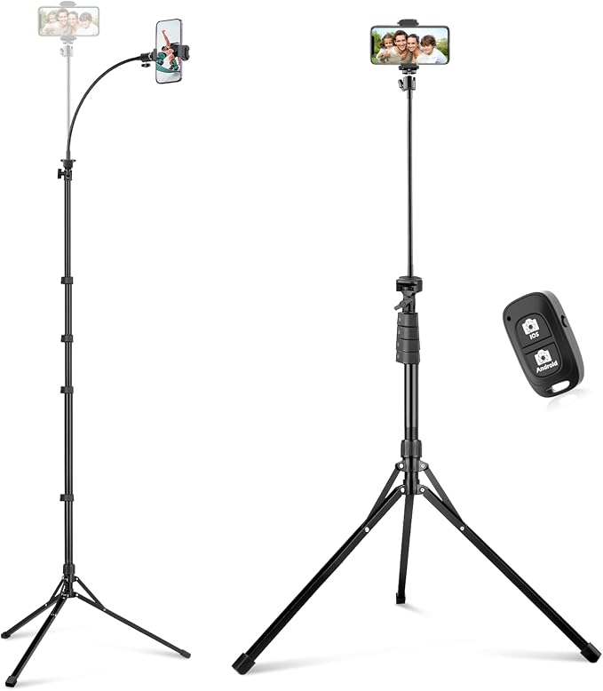 Sensyne 92" Cell Phone Tripod, Selfie Stick Tripod with 16.5" Flexible Gooseneck, Overhead Phone Stand for Video Recording, Photography, Compatible with Phone, Camera