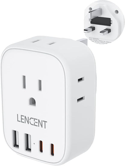 LENCENT US to UK Ireland Travel Plug Adapter, Grounded Type G Adapter | Travel with 4 Outlets 4 USB Ports(2 USB C), Power Plug for USA to Dubai Scotland British London England Hong Kong Singapore