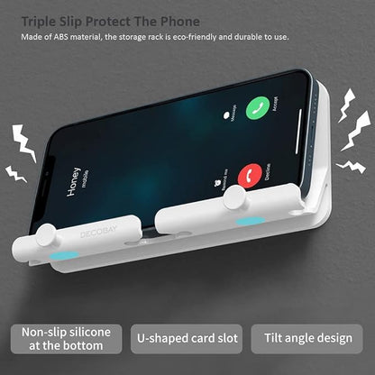 Wall Mount Phone Holder, D2 Hands-Free Adhesive Phone Holder with Cable Hole & Hooks, Wall Mounted Cell Phone Holder for Bathroom Kitchen Bedroom RV, Compatible with iPhone Smartphones (2 Pack-White)