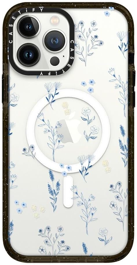 CASETiFY Impact iPhone 13 Pro Max Case [4X Military Grade Drop Tested / 8.2ft Drop Protection/Compatible with Magsafe] - Small Blue Flowers - Clear Black