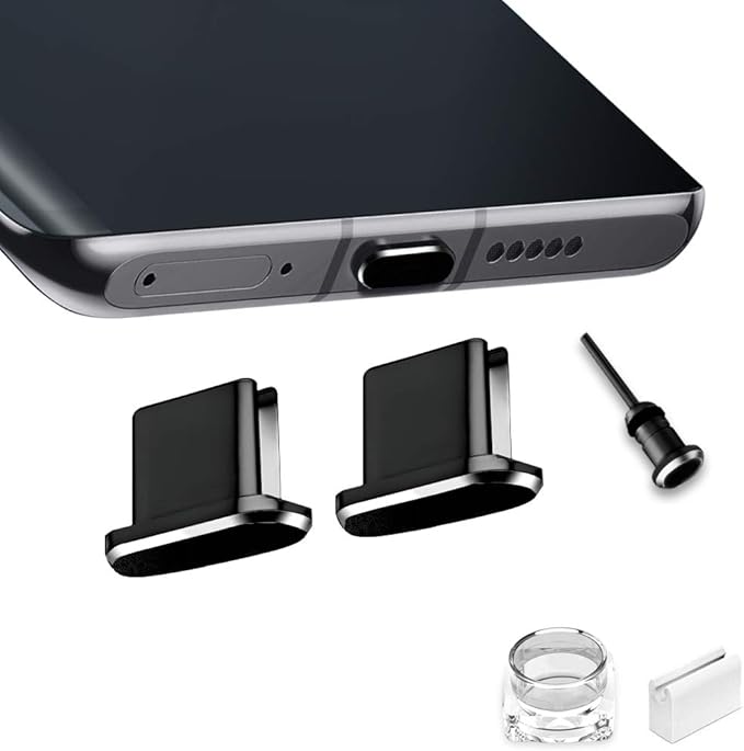 USB C Port Cover Plugs Metal Anti Dust Cap Protectors 2 PCS Compatible with Samsung Galaxy S24/S23/S22/S21 MacBook Pro Air (Black)