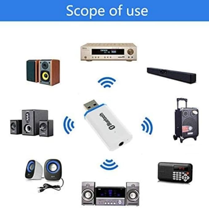 USB Bluetooth Adapter, Bluetooth USB Audio Receiver Wireless Adapter for Home/Car Stereo System, Portable Speakers with AUX in & 3.5mm Cable (White)