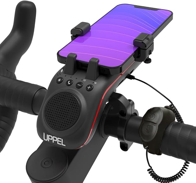 UPPEL Bluetooth Speaker Bicycle, Multifunctional Bike Phone Holder 10-in-1- LED Light - Bike Horn - Microphone - Ideal for Road & Mountain Bike (Black)