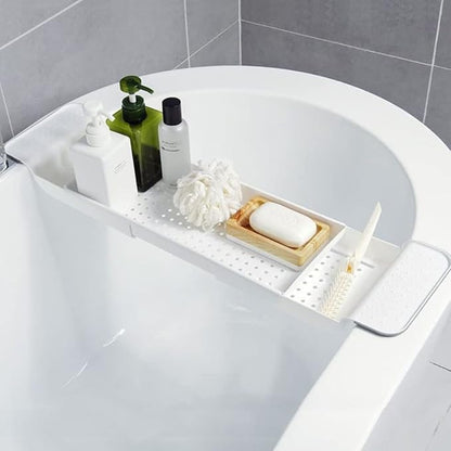 Bathtub Caddy Tray, Expandable Bath Shelf, Adjustable Size from 21.9 to 31 inches Plastic Bathtub Storage Rack, Bathtub Accessories & Bathroom Gadgets, Bath Tub Tray for Kitchen Bathroom (White)