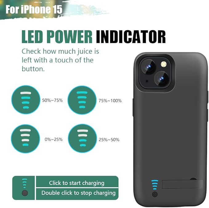 Battery Case for iPhone 15, 5000mAh Rechargeable Extended Battery Charging/Charger Case, Add 100% Extra Juice (6.1 inch) Black