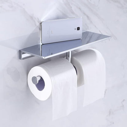 Heavy-Duty Double Toilet Paper Holder, Polished Chrome Dual Roll Toilet Tissue Holder with Phone Shelf | Solid Brass, Wall-Mount | Home & Commercial Bathroom