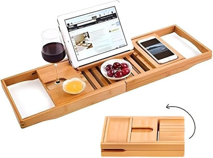 Creative Factory Luxury Bathtub Caddy Tray, Four Storage Rooms on the Board with Grey Fabric for Electronic Tablet Holder or a Book, Soap or Phone, Glass of Wine Slot (Natural Bamboo Wood Color)