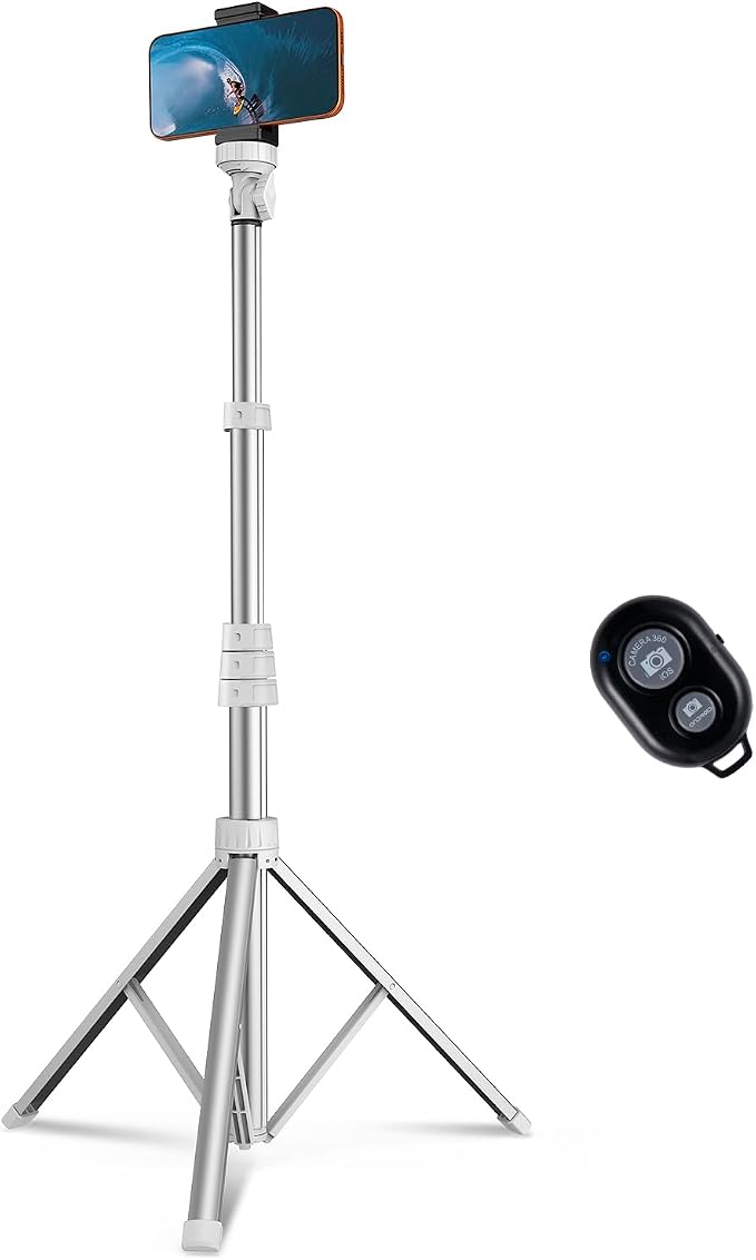 67" Phone Tripod, MIIASI Extendable Tripod for iPhone, Selfie Stick with Remote and Phone Holder, Compatible with iPhone/Android/Camera, Light Stand (Silver)
