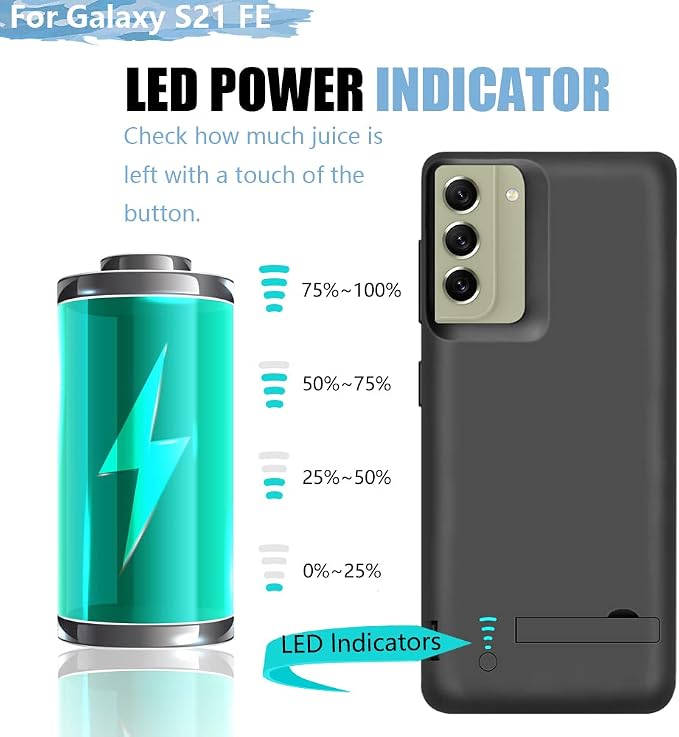 Battery Case for Samsung Galaxy S21 FE 5G, 5000mAh Rechargeable Extended Battery Charging Charger Case, Add 100% Extra Juice, Not Compatible with Galaxy S21 (6.4 inch) Black