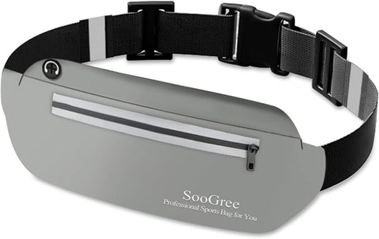 SooGree Running Waist Pack for Men Women, Lightweight Waterproof Sports Belt Bag, Phone Running Pouch, Night Reflective Fitness Storage Bag for Running Cycling Hiking Traveling (Gray)