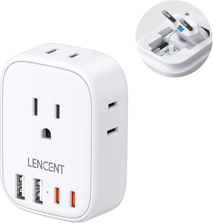 LENCENT European Travel Plug Adapter US to Europe Type-C Foldable Plug | with 4 Outlets 4 USB Ports (2 USB C), Power Adaptor for USA to EU Euro Iceland Spain Italy France Germany Greece Portugal