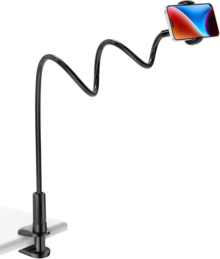 Tryone Gooseneck Phone Holder Hands-Free for Phone Viewing Or Recording, Adjustable Stable Metal Cell Stand Mount for Desk Table Bed, Soporte para Celular, Fits 4-7 Phones Including iPhone - Black
