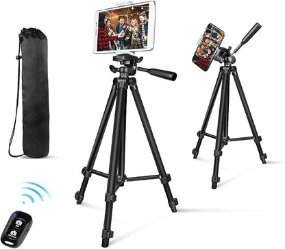 Phone Tripod, 50” Extendable Adjustable Smartphone & Tablet Tripod Stand with Mount & Remote, Compatible with Tablet/Cell Phone/Camera (Black)