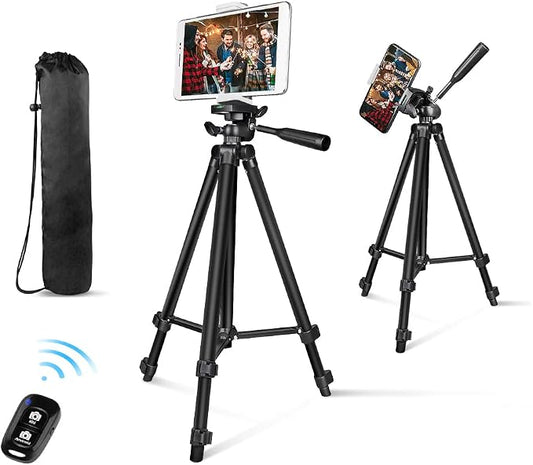 Phone Tripod, 50” Extendable Adjustable Smartphone & Tablet Tripod Stand with Mount & Remote, Compatible with Tablet/Cell Phone/Camera (Black)