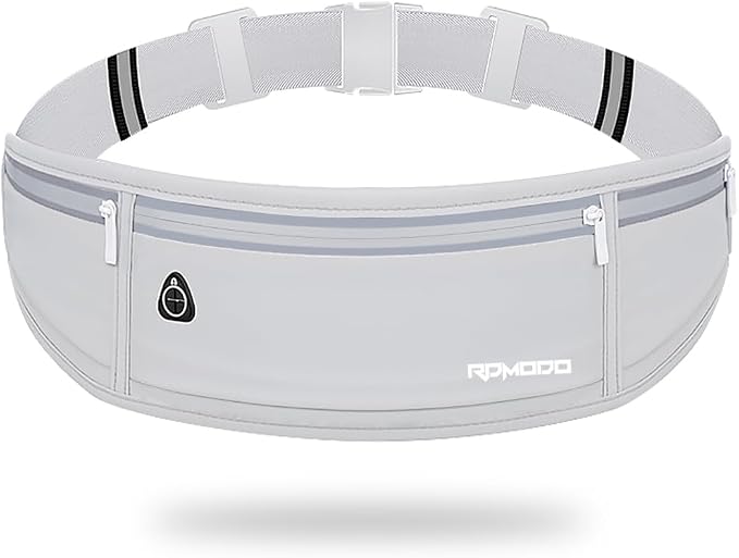 Water Resistant Fanny Pack，Slim Running Belt for Women Men，Waist Bag Running Phone Holder with 3 Zipper Pockets for iPhone 16 15 14 13 Samsung，Reflective Running Pouch for Walking Cycling Grey