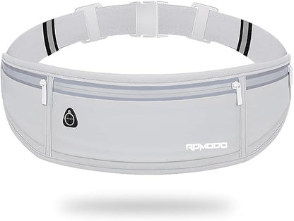 Water Resistant Fanny Pack，Slim Running Belt for Women Men，Waist Bag Running Phone Holder with 3 Zipper Pockets for iPhone 16 15 14 13 Samsung，Reflective Running Pouch for Walking Cycling Grey