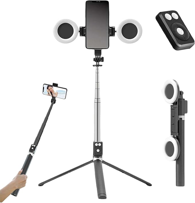 Black Tripod for iPhone with Light, Ring Light Holder for iPhone, Adjustable Selfie Stick Stand with Fill Light, Extendable Phone Tripod for Video Recording, Live Streaming, and Photography