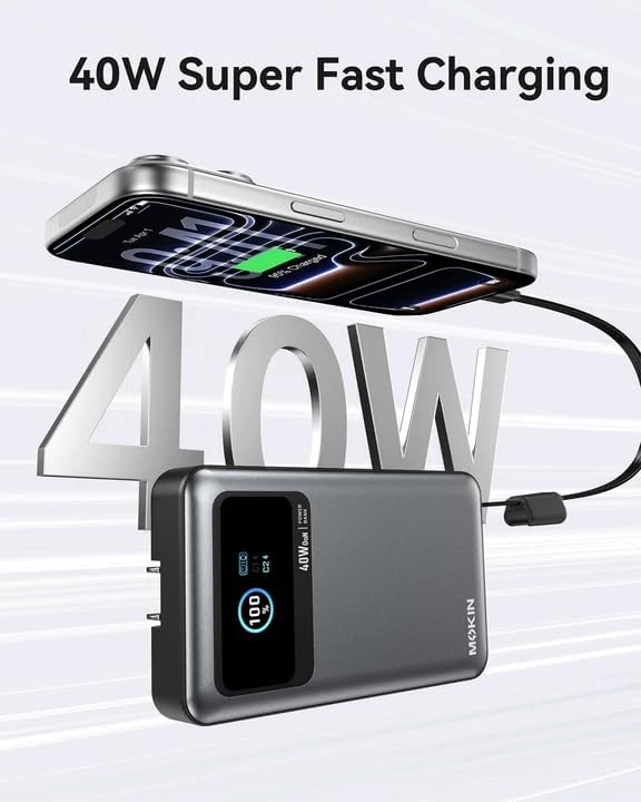 MOKiN 10000mAh 40W 3-in-1 Portable Phone Charger with Foldable Plug, Built-in USB-C Cable & LCD Display, All-in-One Power Bank for Travel Daily Use Compatible with iPhone 17/16/15 Series, Samsung