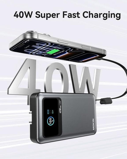 MOKiN 10000mAh 40W 3-in-1 Portable Phone Charger with Foldable Plug, Built-in USB-C Cable & LCD Display, All-in-One Power Bank for Travel Daily Use Compatible with iPhone 17/16/15 Series, Samsung