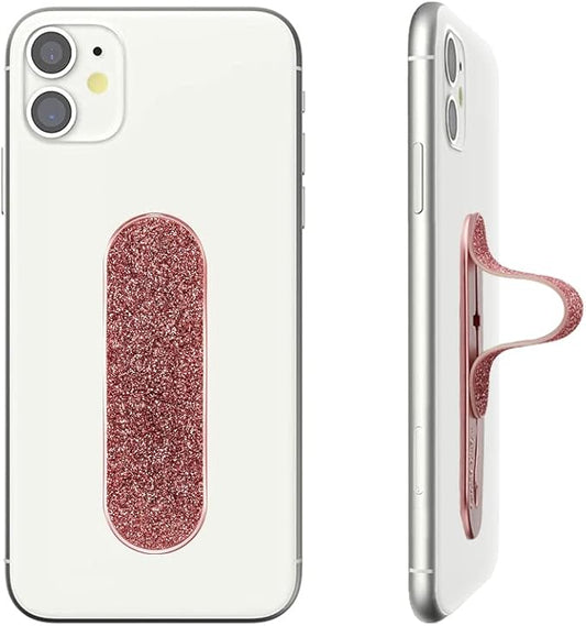 Momostick Flatstick, Cell Phone Finger Grip Strap Holder for Hand, Cell Phone Stand, New Slim Finger Loop Selfie Grip Compatible with Most Smartphones - Glitter Pink