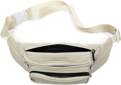 Leather Fanny Pack Waist Bag for Men Women Outdoor Travel Hiking Camping Walking Running Hip Bum Belt Slim Cell Phone Purse Wallet Pouch (Beige)