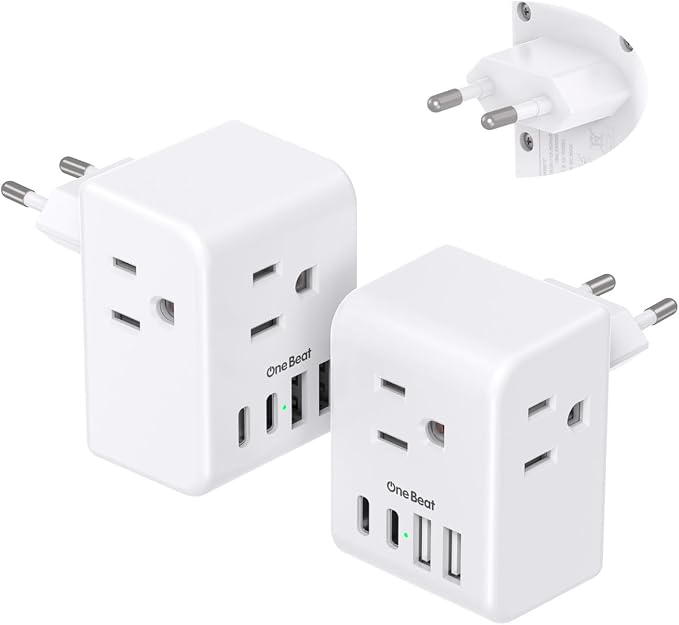 2 Pack European Travel Plug Adapter, International Power Plug Adapter | 3 Outlets 4 USB Charging Ports(2 USB C), Type C Plug Adapter Travel Essentials to Most Europe EU Spain Italy France Germany