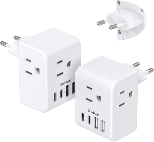2 Pack European Travel Plug Adapter, International Power Plug Adapter | 3 Outlets 4 USB Charging Ports(2 USB C), Type C Plug Adapter Travel Essentials to Most Europe EU Spain Italy France Germany